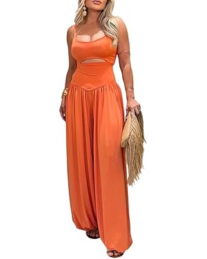 Amazon.com: ChicMe Couture Jumpsuits for Women Sleeveless Cut-Out Waist U-Neck Backless Tie-Back ... | Amazon (US)