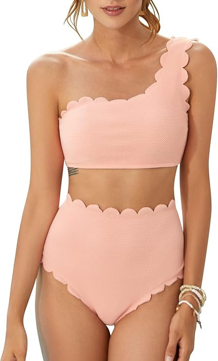 2 Piece One Shoulder Swimsuits for Women, High Waisted Bottom Scalloped Bikini Set, Petals Solid ... | Amazon (US)