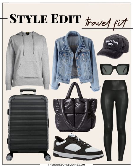 Shop this travel outfit with denim jacket, faux leather leggings, sweatshirt hoodie puffer tote bag & low top basketball sneakers. Walmart Fashion & Amazon Fashion finds. 

#LTKSeasonal #LTKtravel #LTKstyletip