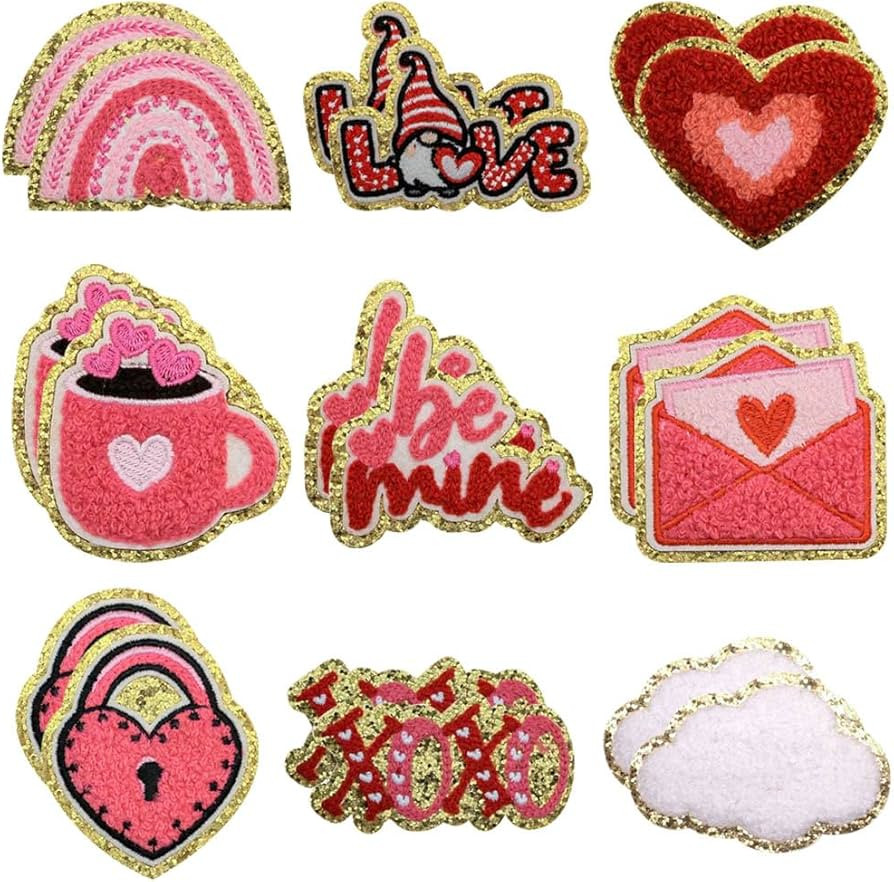 Valentine's Day Iron on Patches Glitter Gold Rim Chenille Embroidery Sew on Stickers Applique for... | Amazon (US)