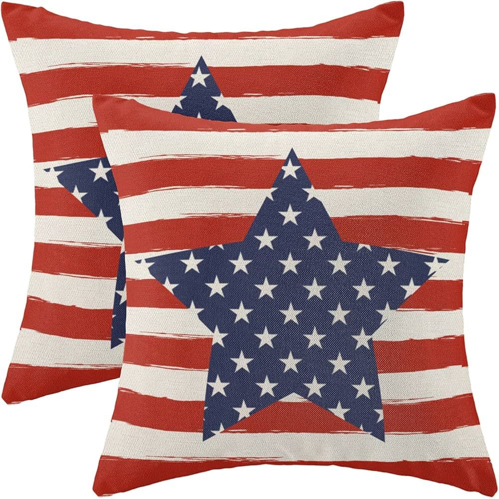 4th of July Pillow Covers 16x16 Inch Set of 2 Memorial Day Independence Day Red Stripe Blue Star ... | Amazon (US)