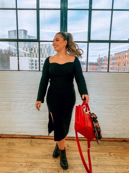 Black sweater dress with tie belt & red handbag / crossbody bag with scarf accessory. Paired with black chelsea boots 

#LTKfit #LTKstyletip #LTKunder50