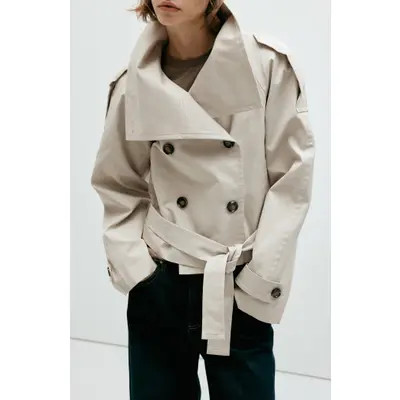 MANGO Double Breasted Crop Cotton Blend Trench Coat in Brown at Nordstrom, Size X-Small | Nordstrom