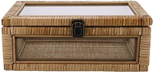 Benjara Rattan and Glass Frame Rectangular Case with Lock, Brown | Amazon (US)