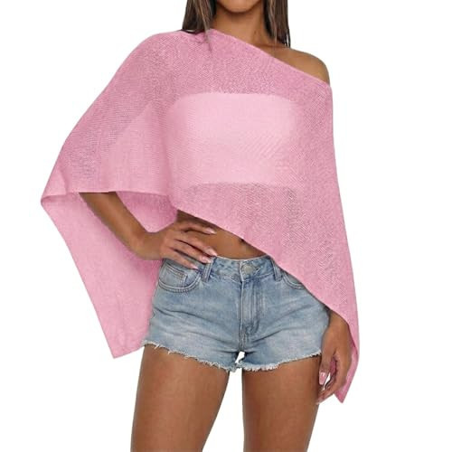 Women Sheer Knit Poncho Top Beach Cover Up Lightweight Crochet Shrug Y2k Summer See Through Shawl (Pink, One Size) | Amazon (US)