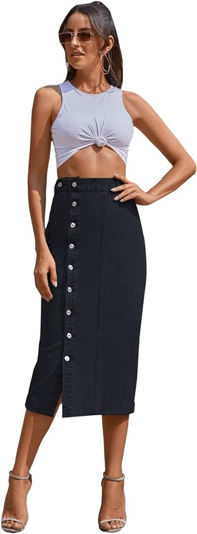 Women's High Rise Button Front Jean Skirt Split Hem Solid Long Denim Pencil Skirts | Amazon (US)