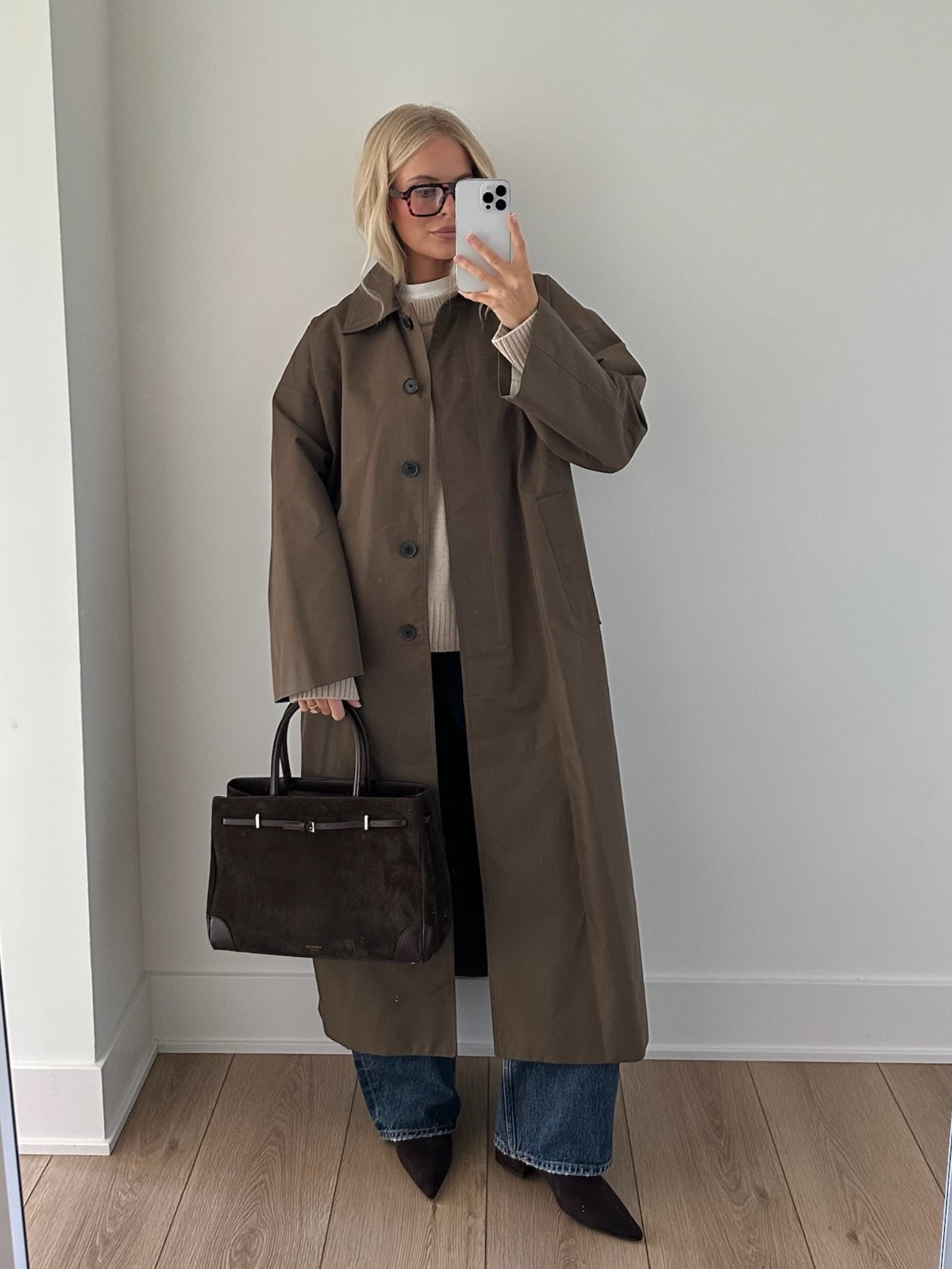 Casual Fall Outfit: Wearing a small in coat, small in sweater (wheat), medium tee, 27 in jeans, shoes are tts, linking similar glasses! 
Use code: KATHLEEN20 for discount on earrings. 
#kathleenpost

Fall outfit, fall jacket, trench coat, fall transition, sweater outfit, suede tote, thanksgiving outfit

#LTKStyleTip #LTKSeasonal