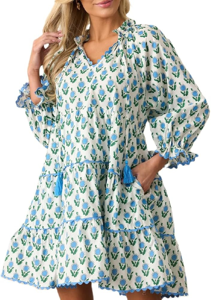 Women Boho Lantern Sleeve Mini Dress Floral Printed V Neck Babydoll Dress Cute Puff Long Sleeve F... | Amazon (US)