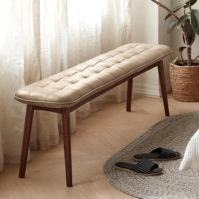 Wood Dining Bench with Genuine Leather Cushion id-Century Modern Tufted Faux Leather Bench, Uphol... | Amazon (US)