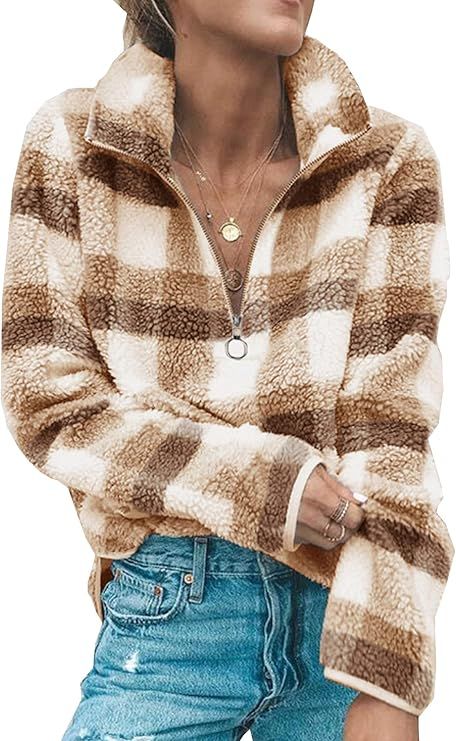 Angashion Women's Long Sleeve 1/4 Zip Up Lapel Fleece Sweatshirt Warm Plaid Fluffy Hoodies Pullov... | Amazon (US)