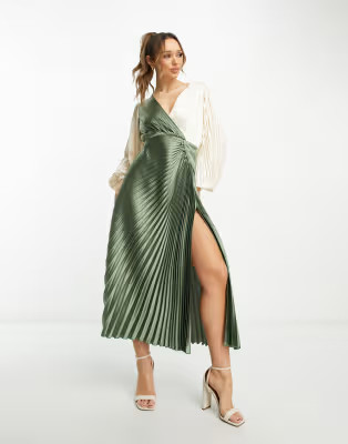 ASOS DESIGN pleated satin wrap button detail midi dress in khaki and cream colourblock | ASOS (Global)