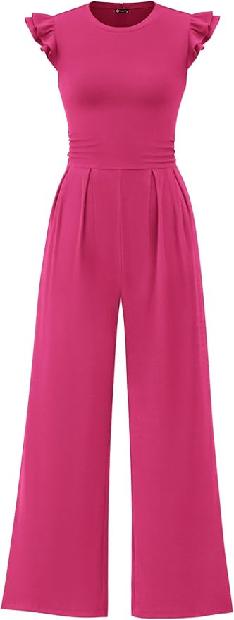 PRETTYGARDEN Summer Jumpsuits for Women Dressy 2026 Fashion Ruffle Cap Sleeve Romper Crew Neck Ri... | Amazon (US)