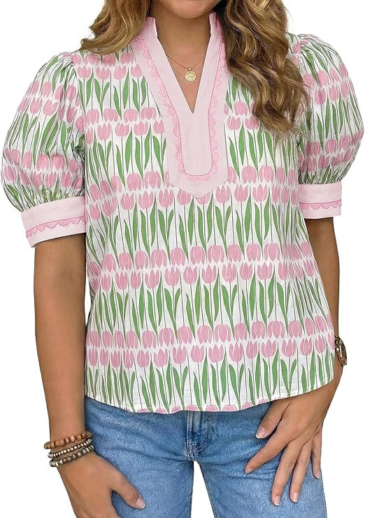 Tankaneo Womens Puff Sleeve Floral Blouse Tops Summer Dressy Casual V Neck Shirts Color Block Loo... | Amazon (US)