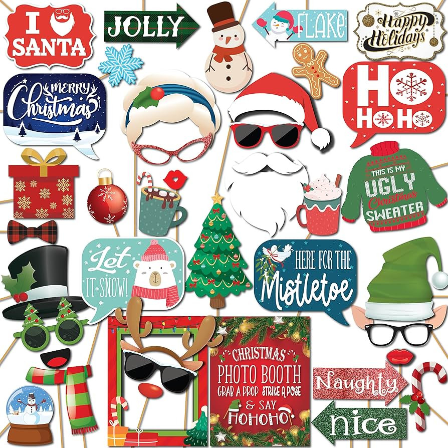 Christmas Photo Booth Props - 41-pc Photobooth Kit with 8 x 10-Inch Sign, 60 Adhesive Pads, 45 St... | Amazon (US)