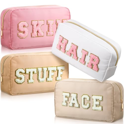 Remerry 4 PCS Nylon Cosmetic Bags Waterproof Spacious Travel Makeup Organizer for Women Chenille Letter Preppy Zipper Pouch Face Stuff Skin Hair Organizer Gift(Light Brown, Beige, Light Pink, White) | Amazon (US)