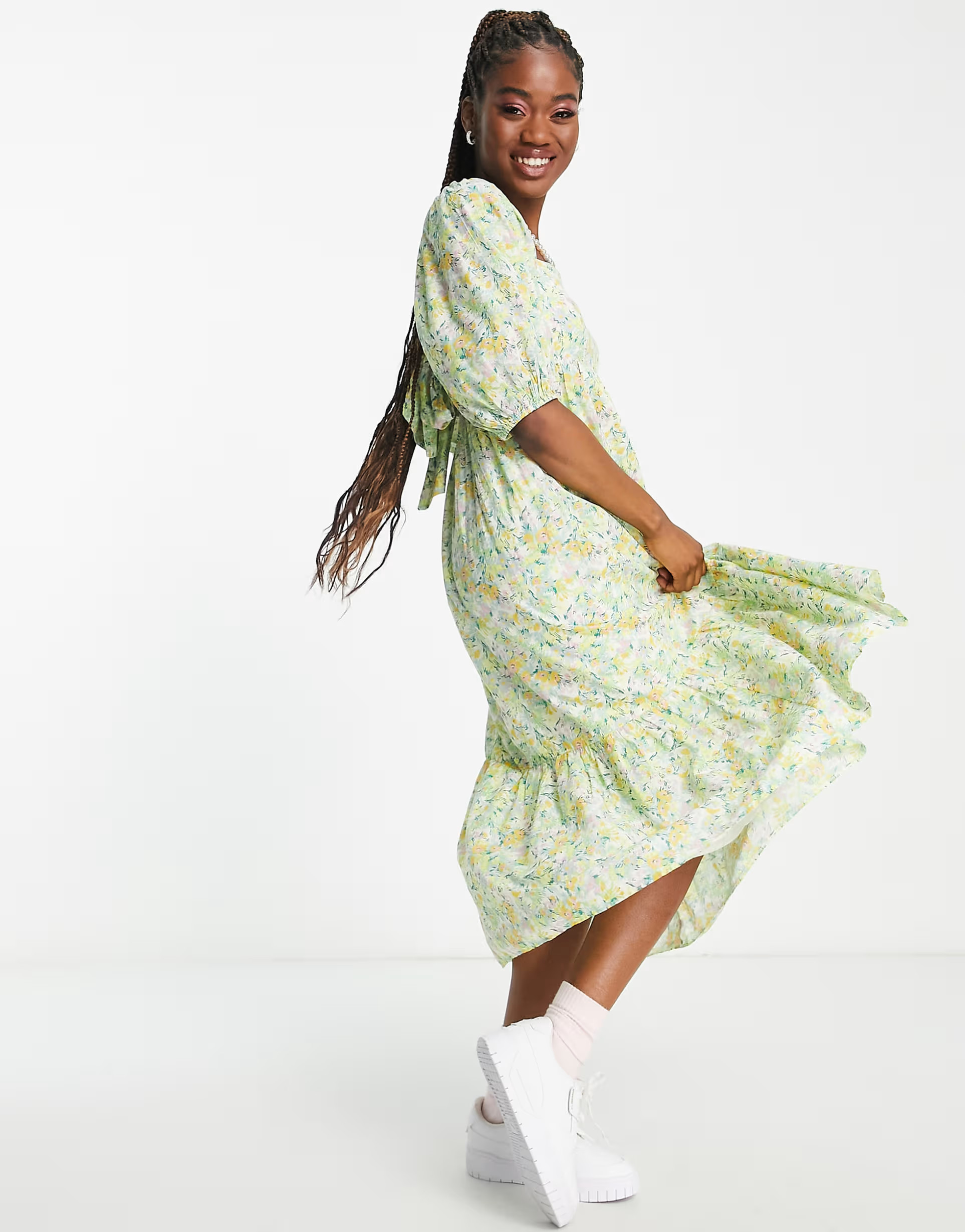 New Look puff sleeve tie back midi dress in yellow floral print | ASOS (Global)