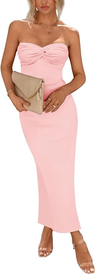 PRETTYGARDEN Women's Bodycon Long Dresses Summer Strapless Tube Twist Knot Front Ribbed Knit Maxi... | Amazon (US)