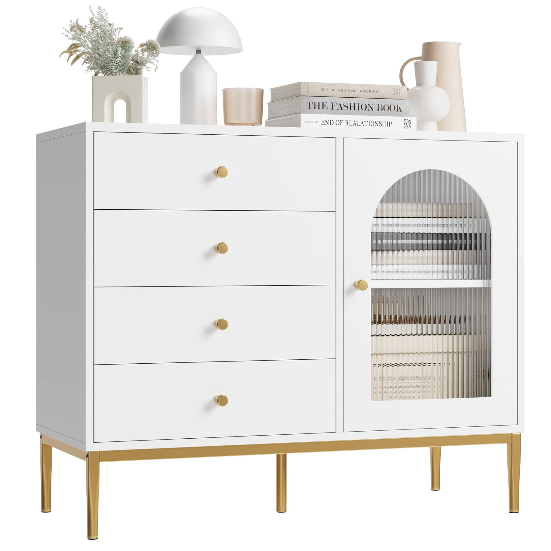 finetones White Dresser for Bedroom, Modern Dresser Wood Dresser with Waveform Glass Door and Gol... | Amazon (US)