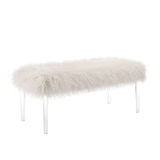 Benjara Luxurious 42 in. W Clear and White Faux Fur Upholstered Bench with Tapered Legs, White and C | The Home Depot