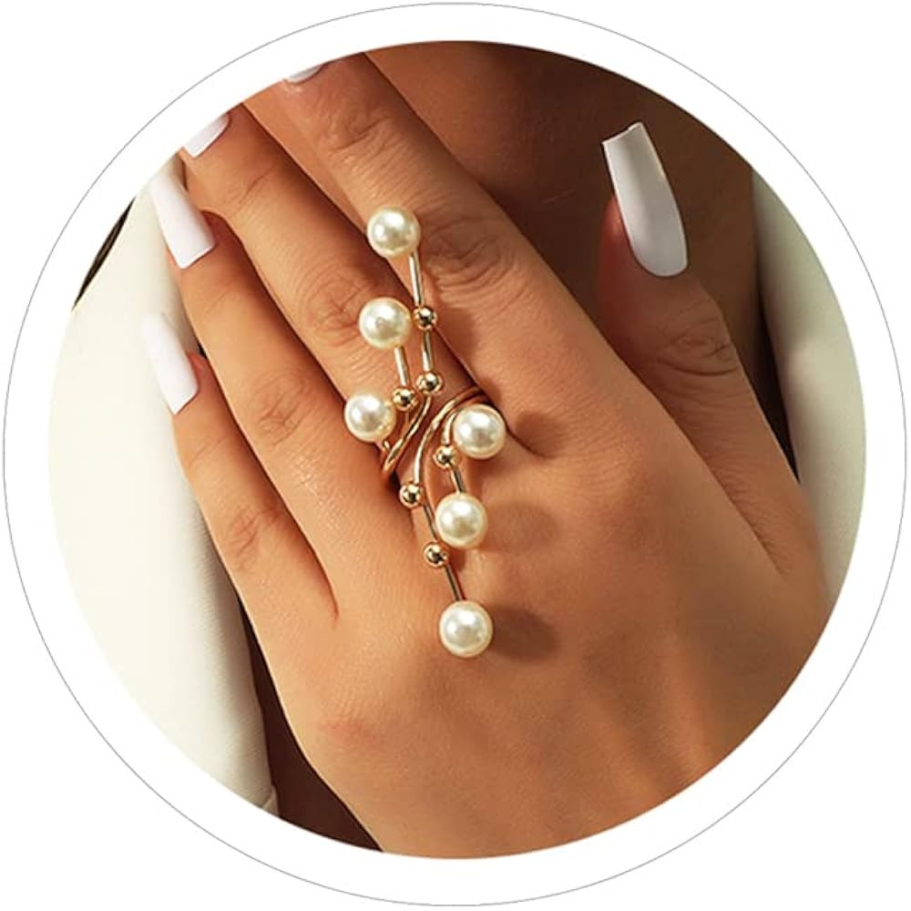 Vintage Pearl Cluster Rings - Adjustable Open Full Finger Pearl Statement Rings for Women | Amazon (US)