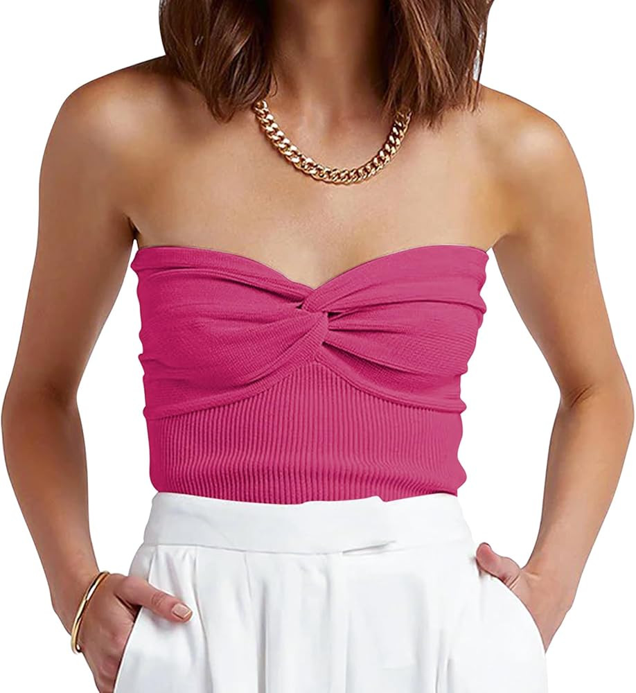 ANRABESS Women Strapless  Bandeau Crop Tube Top Sexy Ribbed Knit Twisted Knot Front Sleeveless Y2... | Amazon (US)