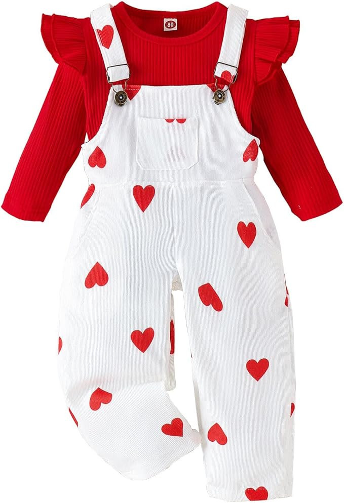 Toddler Baby Girl Valentine's Day Clothes Ruffled Sleeves Top Heart Bell Bottoms Flared Overalls ... | Amazon (US)