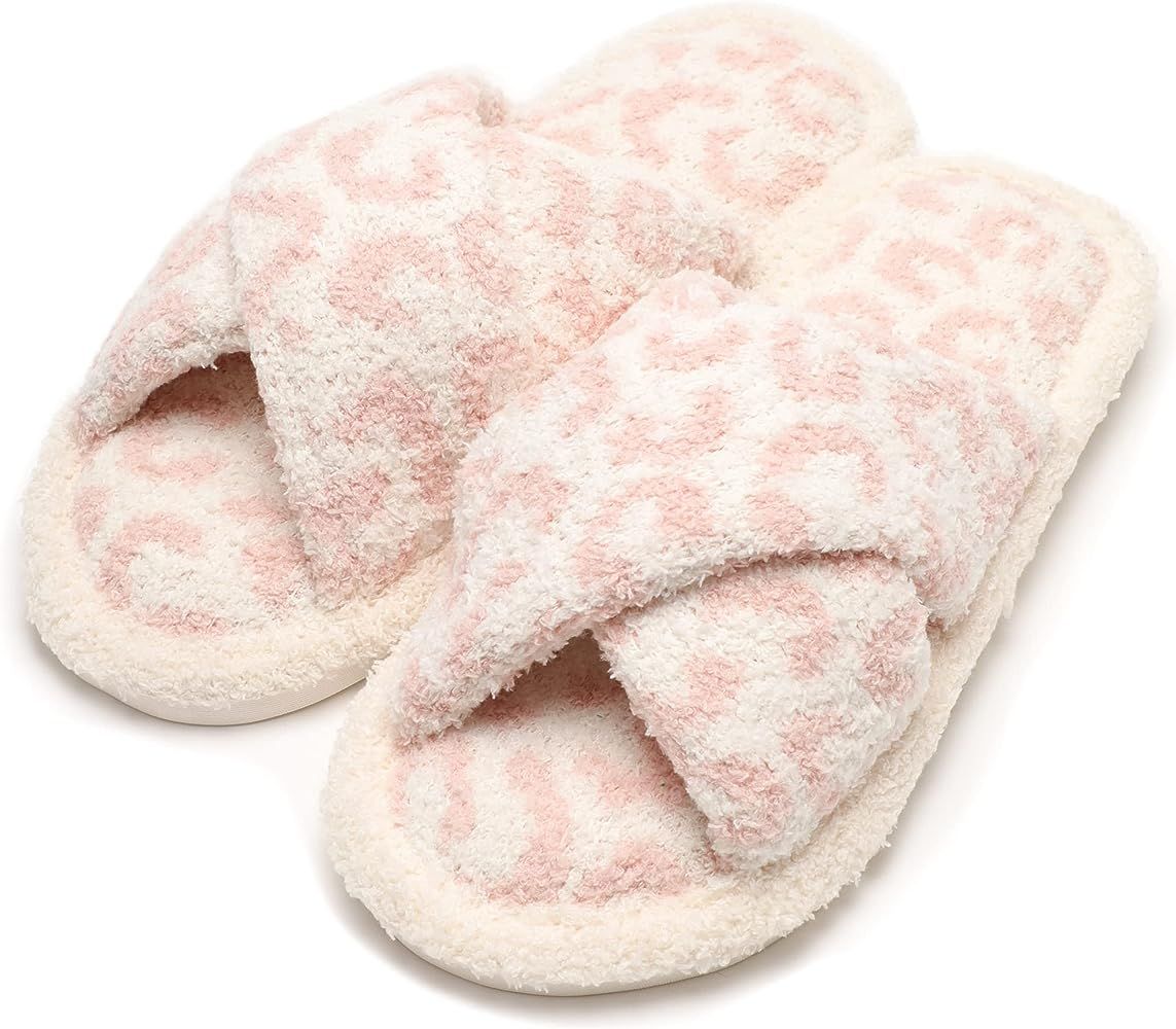 MIRMARU Women’s Animal Print Comfort Fluffy Fuzzy Slip-on House Slippers Open Toe Cross Band In... | Amazon (US)