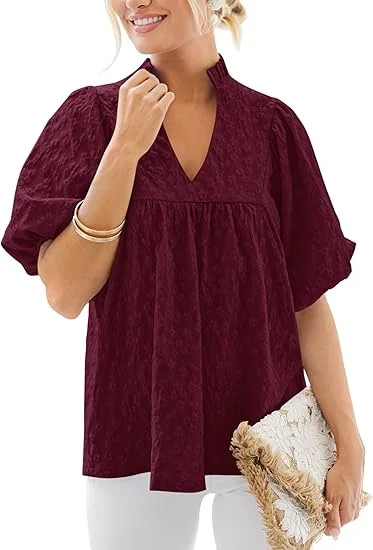 PRETTYGARDEN Womens Summer Tops 2025 Ruffle V Neck Blouses Loose Puff Short Sleeve Jacquard Babyd... | Walmart (US)