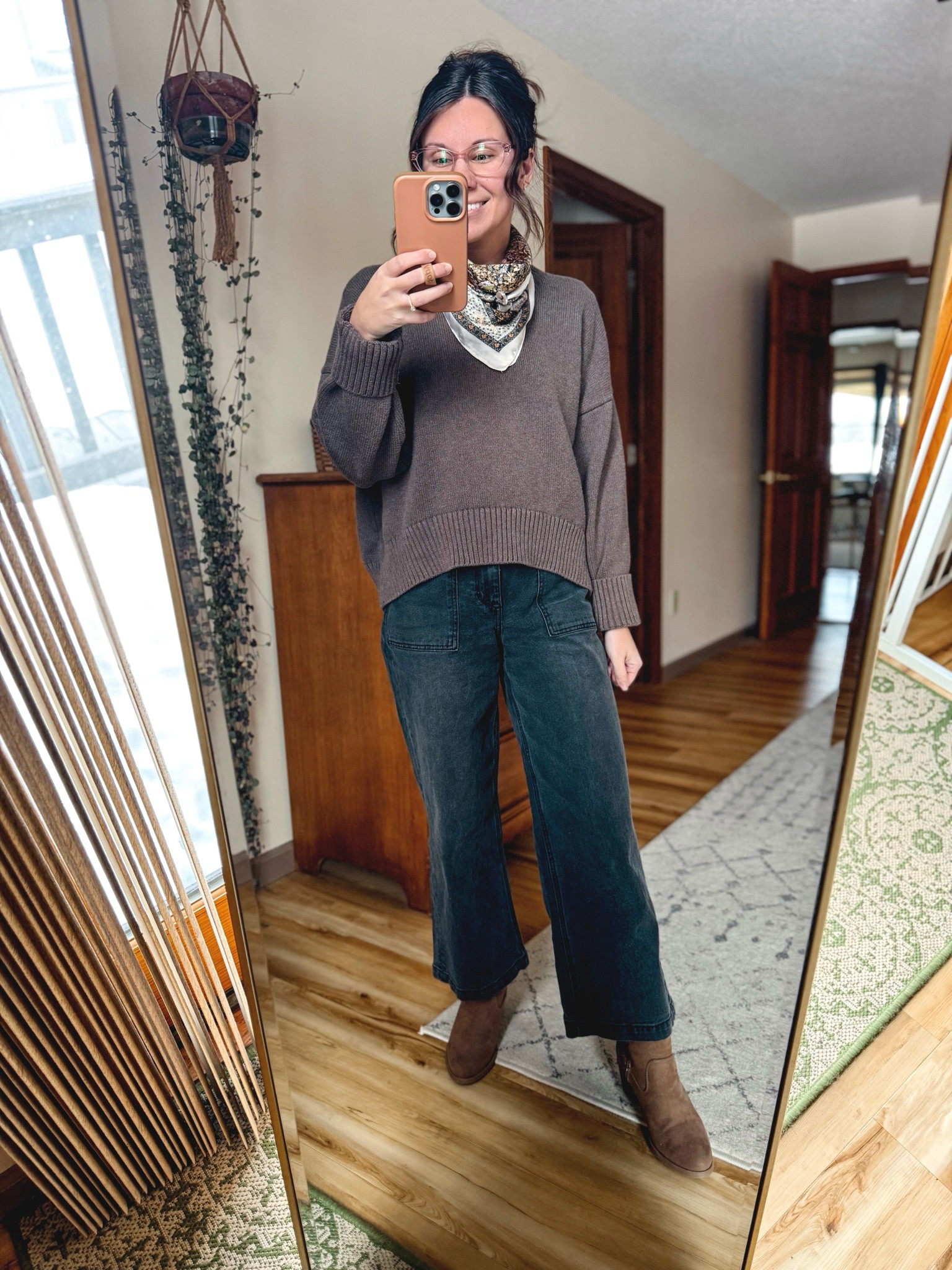 Wearing size small in my tee, size small in my sweater (100% organic cotton and the Heather brown color! One of mg favorite sweaters), size 0 in charcoal on my pants (on sale for $39.99 right now!) and my boots are older so I linked similar.
This satin scarf has such a pretty print!

#LTKFindsUnder50 #LTKSeasonal #LTKPetite