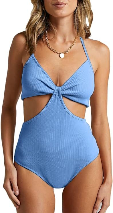 MERCHAM Women's Sexy Ribbed Knotted One Piece Swimsuit Cutout High Waisted Halter Monokini Bathin... | Amazon (US)