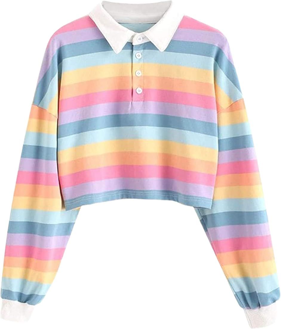 Remidoo Women's Collared Half Button Long Sleeve Striped Crop Top Sweatshirt | Amazon (US)