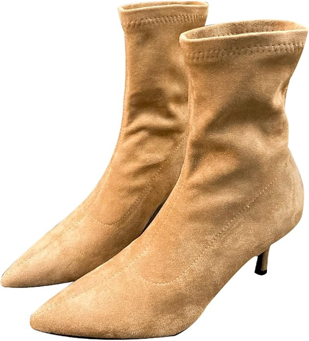 Women's Chelsea Ankle Booties Ruched Suede Pointed Toe Stiletto Heels Slip-on Elastic Slouch Shoe... | Amazon (US)