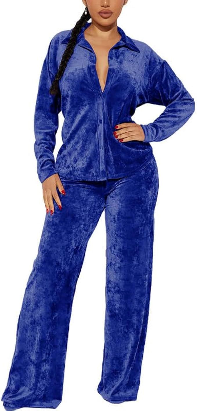 RICOCHO Women's Velour Tracksuit Set Two Piece Outfits Long Sleeve Velvet Button Jacket and Pants... | Amazon (US)