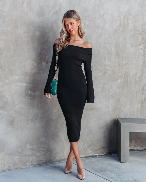 Roxette Ribbed Off The Shoulder Midi Dress - Black | VICI Collection