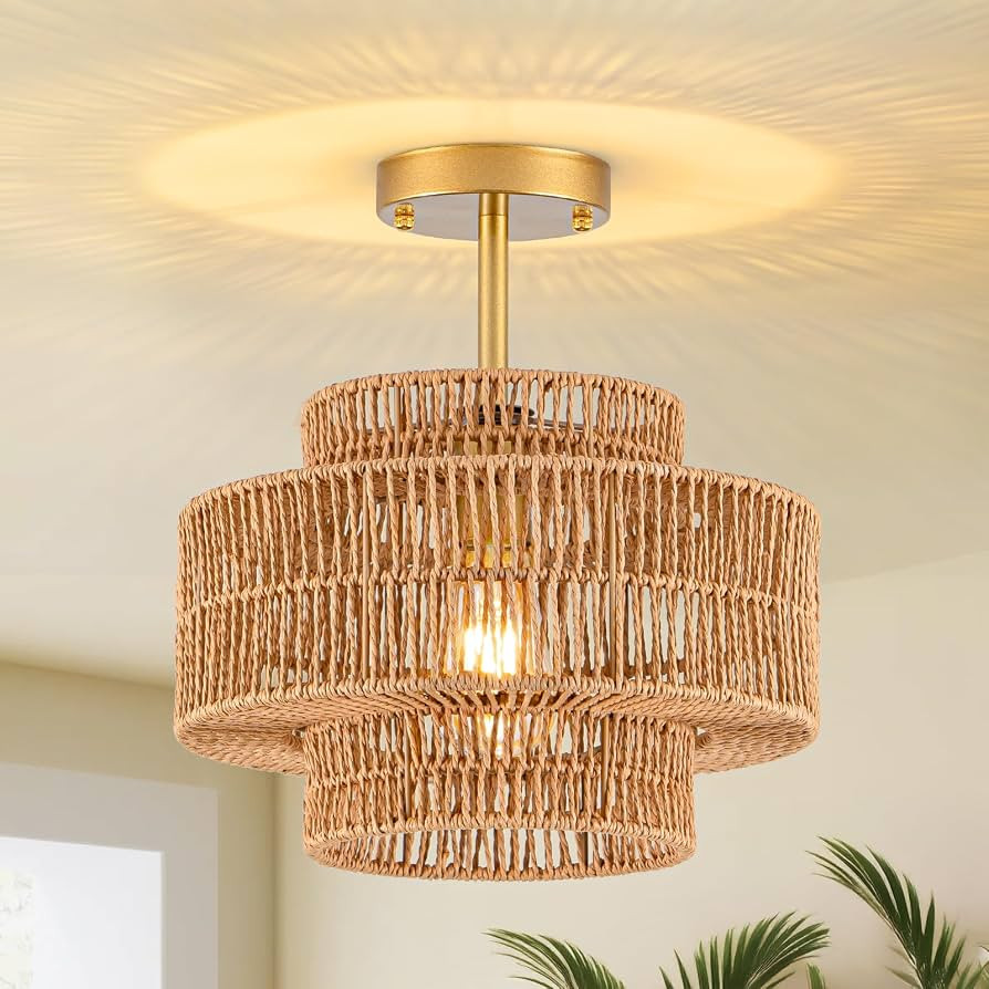 1-Light Rattan Ceiling Light Fixture, 12.4" Semi Flush Mount Boho Ceiling Light, Wicker Light Fix... | Amazon (US)