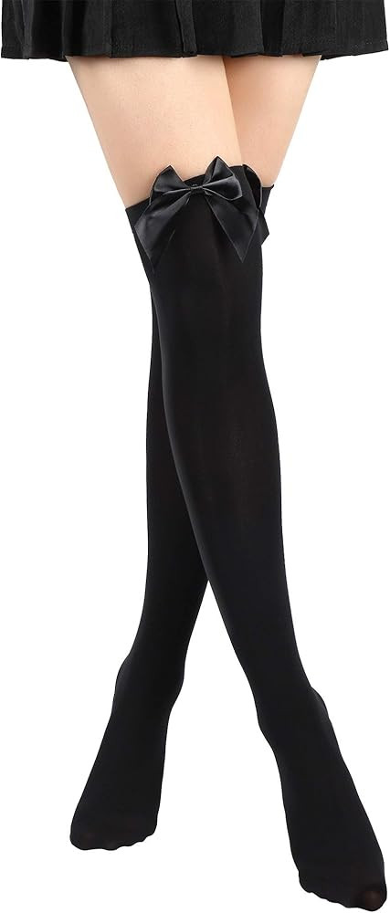 SATINIOR Satin Bow Stockings Women Opaque Thigh High Stockings Over Knee Long Stockings | Amazon (US)