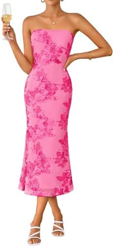 ZESICA Women's Summer Strapless Floral Midi Dress 2026 Bodycon Mesh Tube Wedding Guest Cocktail P... | Amazon (US)