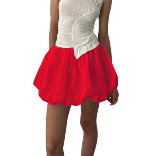 Women Y2K Solid Color Pleated Bubble Mini Skirt Red XL | Amazon (US)