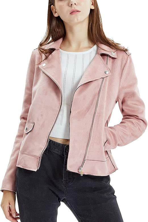 Women's Suede Jacket, Moto Biker Coat Faux Leather Casual Zip Up Soft Long Sleeve Outwear | Amazon (US)