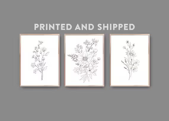 3 Piece Black White Flower Wall Art Print, PRINTED AND SHIPPED, Line Art Modern Botanical Decor, ... | Etsy (US)