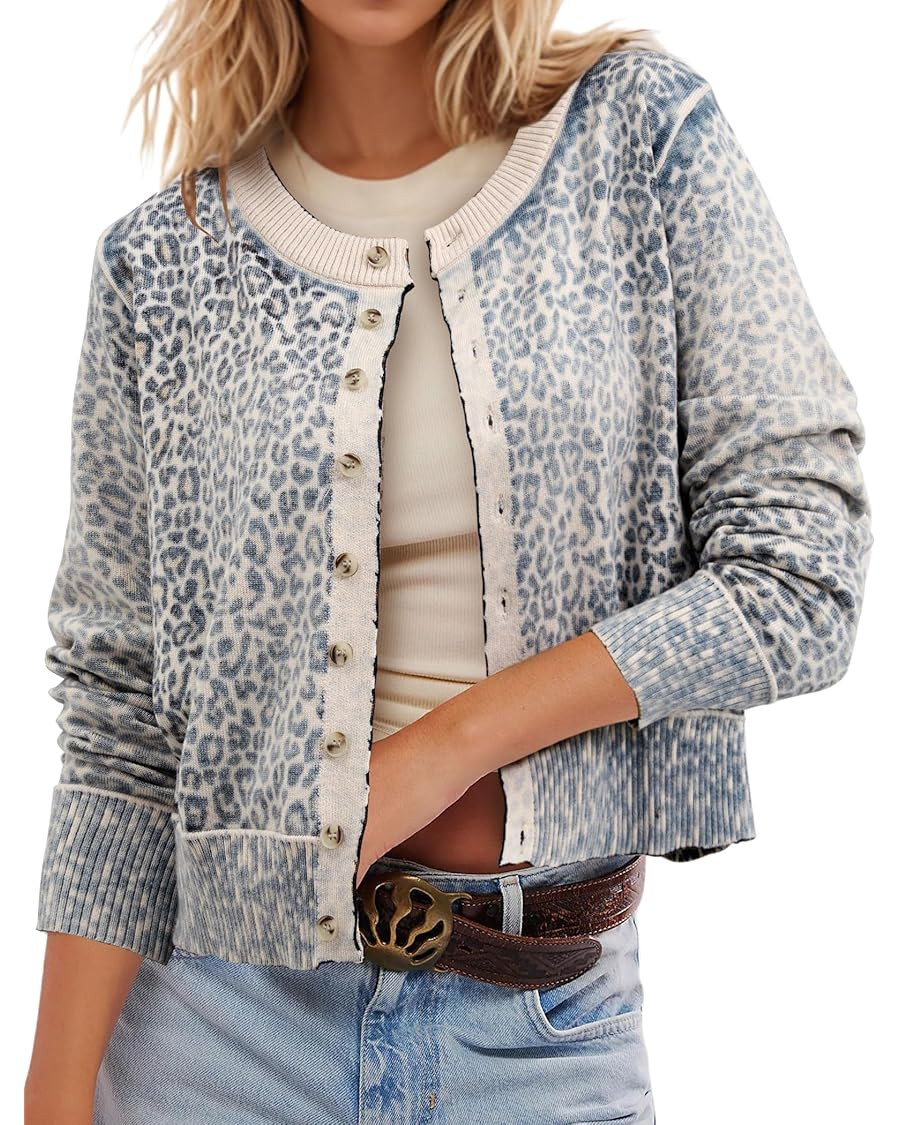 Leopard Cardigan Open Front Button Up Sweaters for Women Long Sleeve Shrug Cheetah Print Top Crop... | Amazon (US)