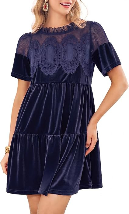 Wenrine Womens Velvet Dress Fall Lace Short Sleeve Babydoll Mini Dresses | Amazon (US)