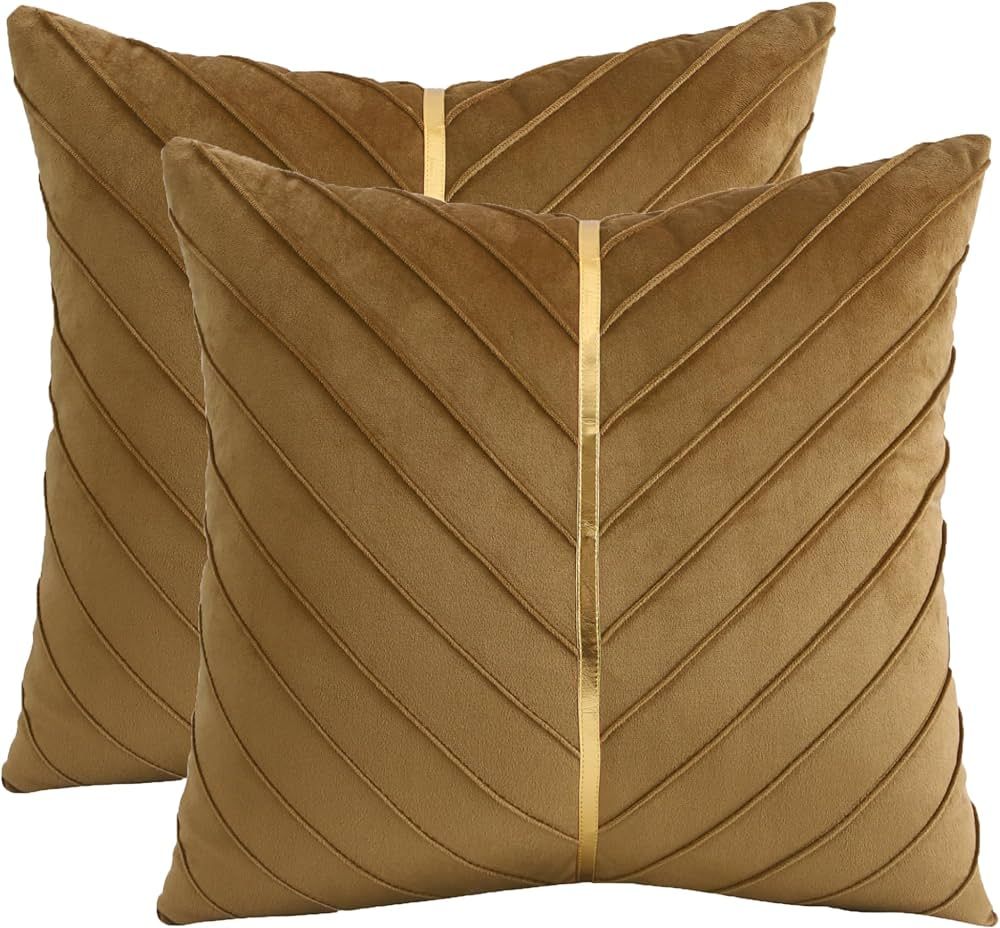 Amazon.com: Tosleo Brown Velvet Throw Pillow Covers 24x24 Pack of 2 with Gold Leather,Decorative ... | Amazon (US)