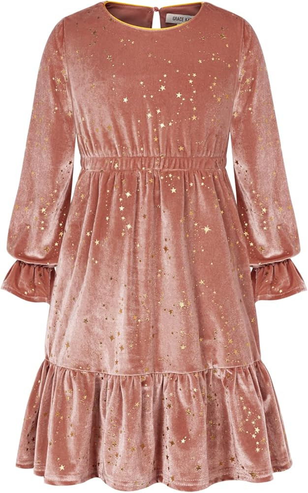 GRACE KARIN Girls Fall Velvet Dress Long Sleeve Ruffle Sparkle Party Dress Size 5-12 | Amazon (US)