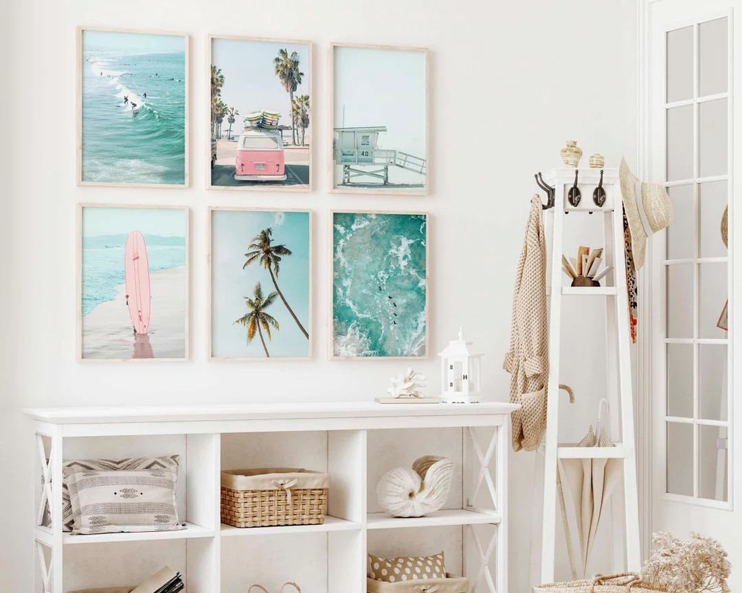 Set of 6 Prints, Set Surfboard Art Teen Girl Room Decor Pastel Blue Beach Surf Print Coastal Trop... | Etsy (US)