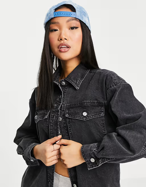 ASOS DESIGN Petite denim oversized shacket in washed black | ASOS (Global)