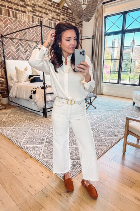 Chic cream outfit for spring/summer! 
Fav silky blouse and crop a line cream jeans! I always get so many compliments on these! Fit tts. 
Fav washable loafer shoes! So many color options. 
Designer inspired belt and earrings linked. 

#LTKworkwear #LTKtravel #LTKshoecrush