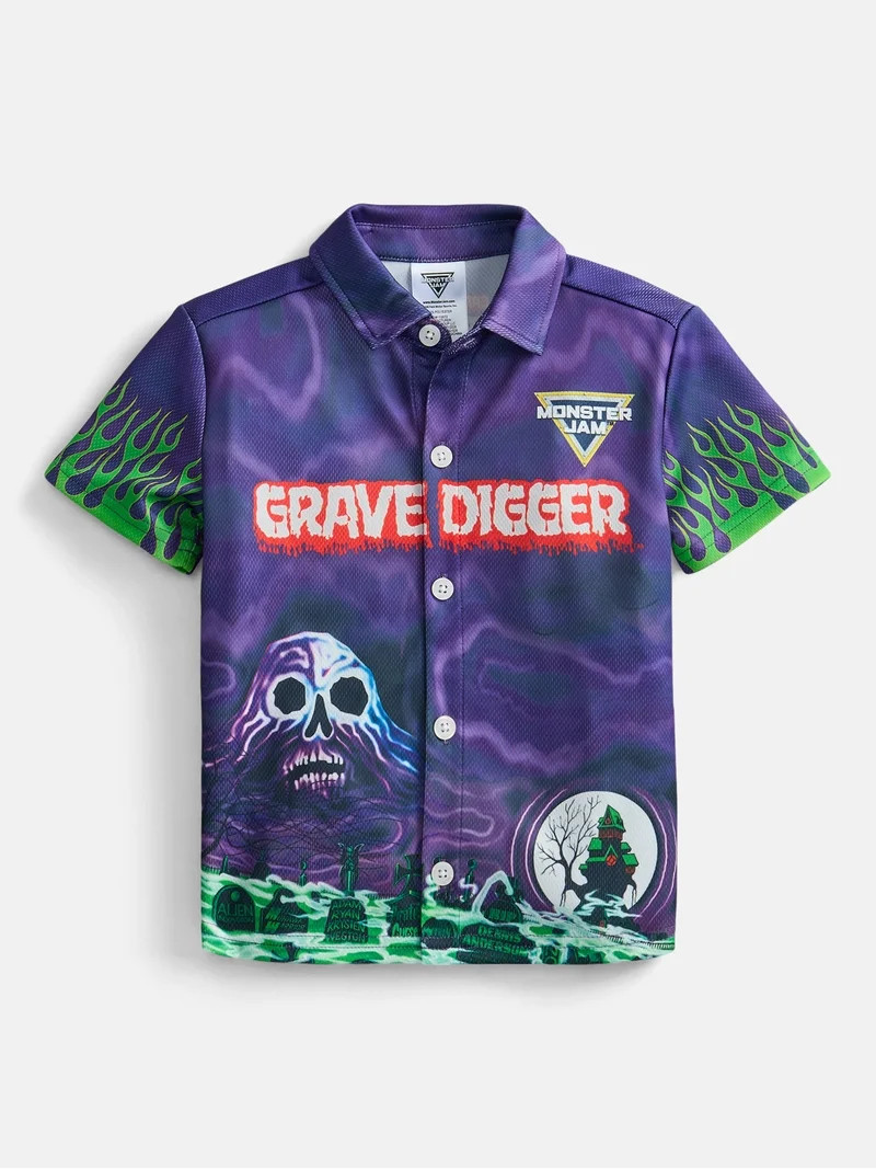 Monster Jam Grave Digger Toddler Boys Button Shirt with Short Sleeves, Sizes 12M-5T | Walmart (US)
