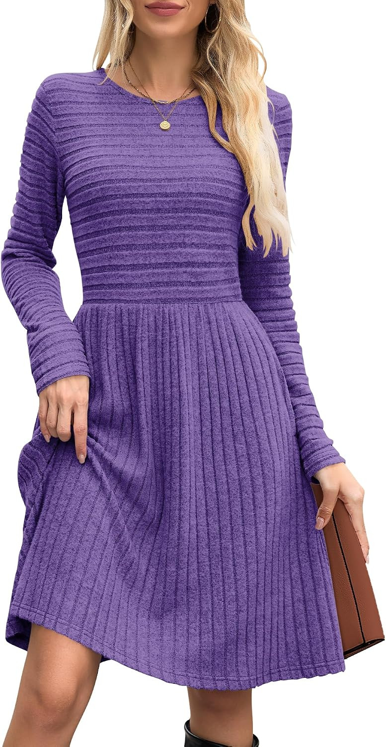WNEEDU Fall Dresses for Women 2026 Long Sleeve Sweater Dress with Pockets - Casual Knit Crew Neck Winter Outfits | Amazon (US)