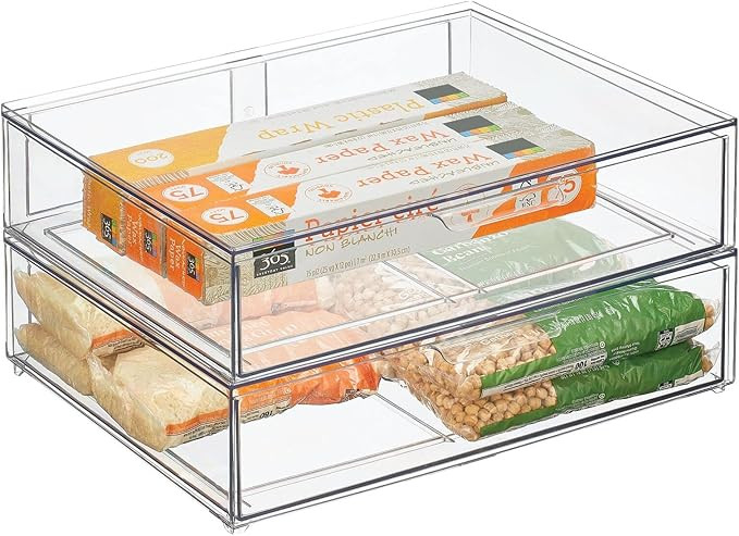 mDesign Wide Plastic Stackable Kitchen Storage with Pull Out Bin Organizer Drawer for Cabinet, Pa... | Amazon (US)